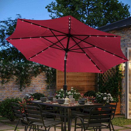 Flash Furniture Montego 9 FT Round Umbrella with 32 Solar LED Lights and Crank and Tilt Functionality in Red GM-WL-U22002B-RED-GG